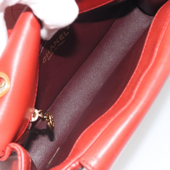 CHANEL Matelasse Chain Shoulder Bag Lamb Skin Red Gold Tone CC Auth 195253SM