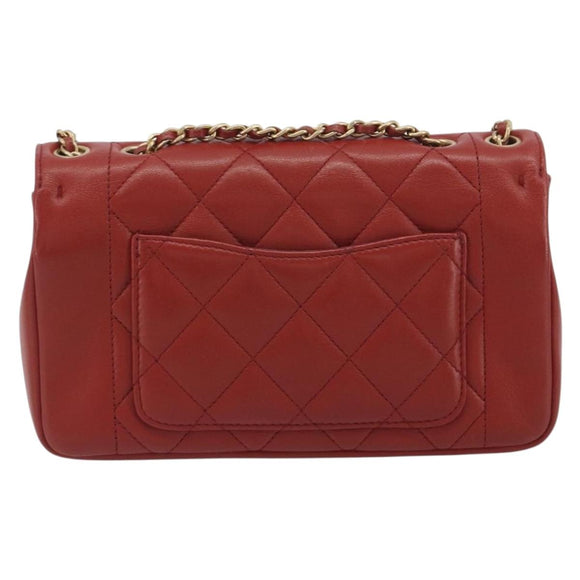 CHANEL Matelasse Chain Shoulder Bag Lamb Skin Red Gold Tone CC Auth 195253SM