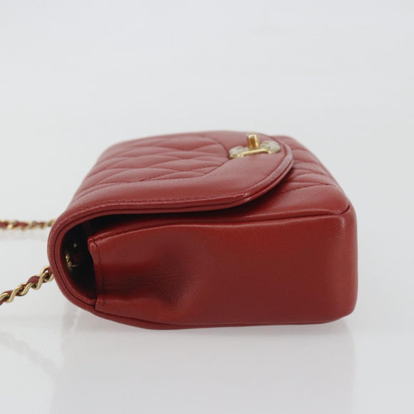 CHANEL Matelasse Chain Shoulder Bag Lamb Skin Red Gold Tone CC Auth 195253SM