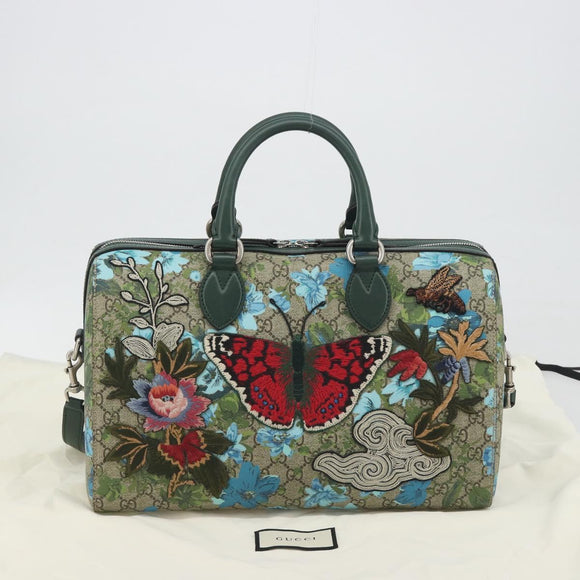 GUCCI GG Supreme Boston Bag PVC Leather 2way Green Silver 409527 Auth 195254SAM