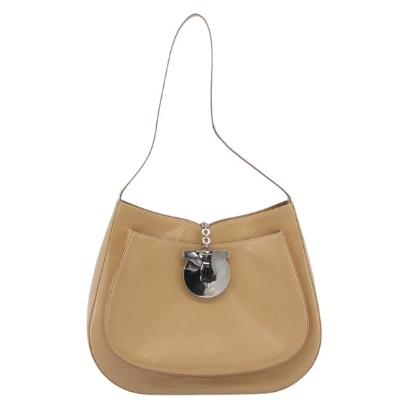 Salvatore Ferragamo Gancini Shoulder Bag Patent Leather Beige Silver Auth 195268