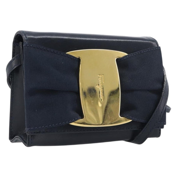 Salvatore Ferragamo Vala Shoulder Bag Canvas Navy Gold Auth 195283