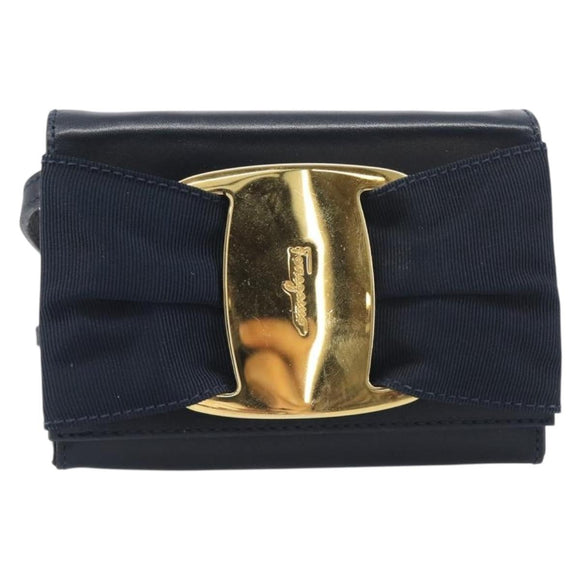 Salvatore Ferragamo Vala Shoulder Bag Canvas Navy Gold Auth 195283