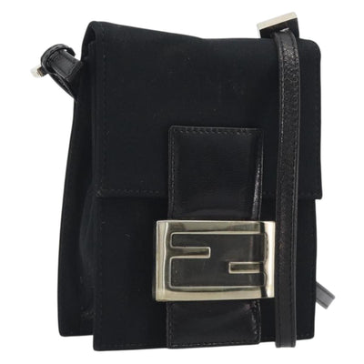 FENDI Shoulder Pouch Mamma Baguette Cotton Jersey Black Silver Auth 195300A