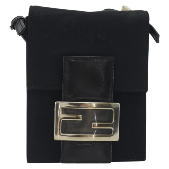 FENDI Shoulder Pouch Mamma Baguette Cotton Jersey Black Silver Auth 195300A