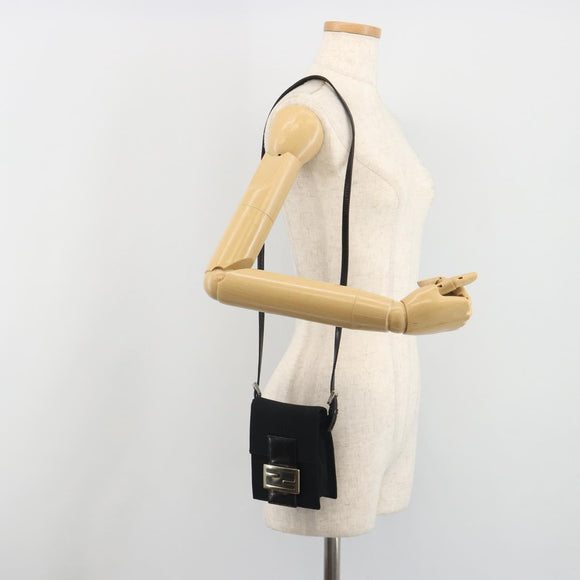 FENDI Shoulder Pouch Mamma Baguette Cotton Jersey Black Silver Auth 195300A