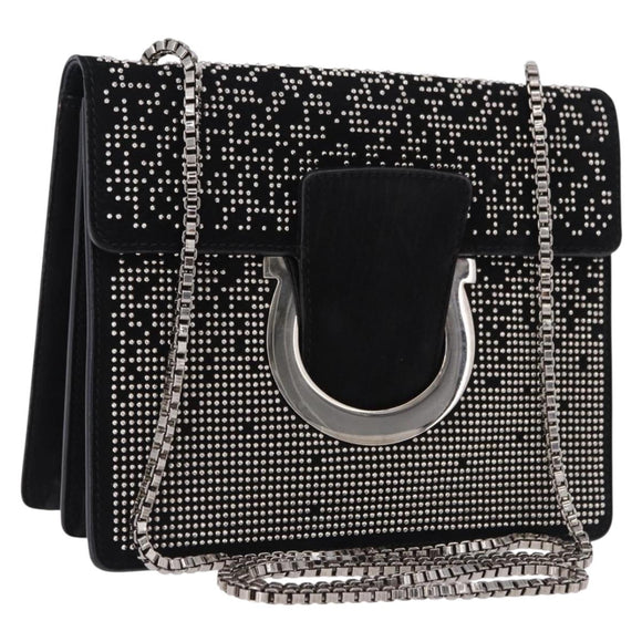 Salvatore Ferragamo Gancini Chain Shoulder Bag Leather Black Silver Auth 195321A