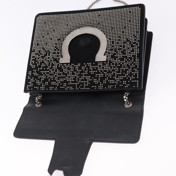 Salvatore Ferragamo Gancini Chain Shoulder Bag Leather Black Silver Auth 195321A