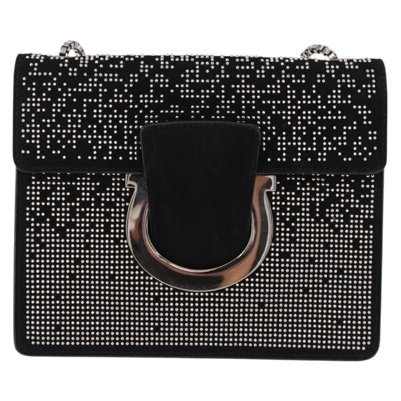 Salvatore Ferragamo Gancini Chain Shoulder Bag Leather Black Silver Auth 195321A
