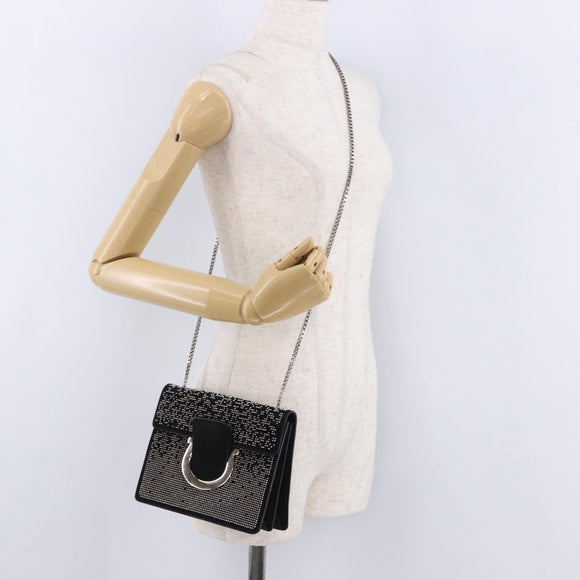 Salvatore Ferragamo Gancini Chain Shoulder Bag Leather Black Silver Auth 195321A