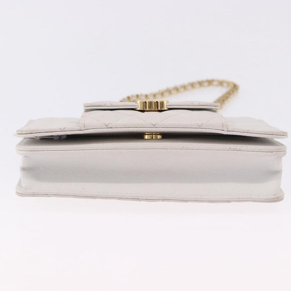 CHANEL Matelasse Chain Shoulder Bag Caviar Skin White Gold Tone CC Auth 195323A