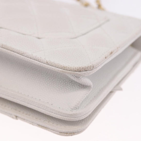 CHANEL Matelasse Chain Shoulder Bag Caviar Skin White Gold Tone CC Auth 195323A
