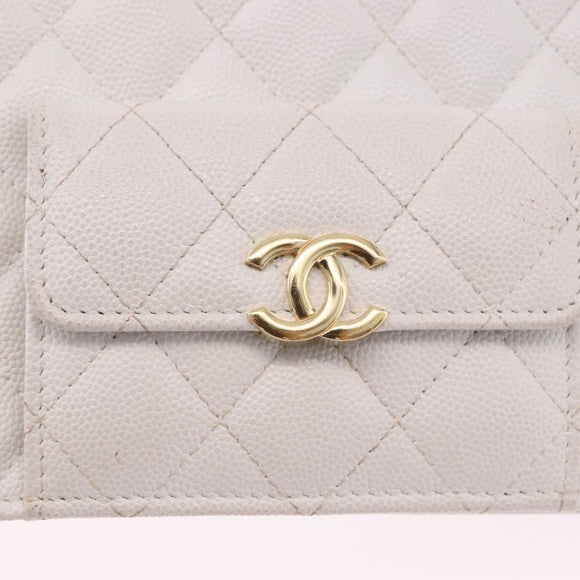 CHANEL Matelasse Chain Shoulder Bag Caviar Skin White Gold Tone CC Auth 195323A