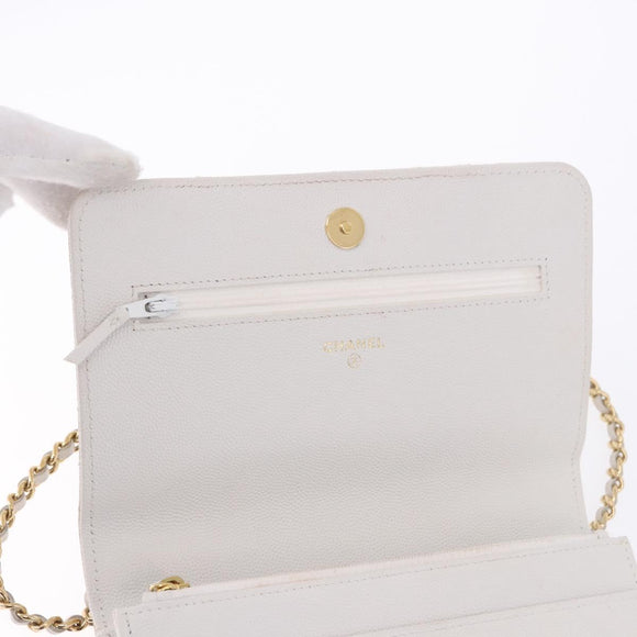 CHANEL Matelasse Chain Shoulder Bag Caviar Skin White Gold Tone CC Auth 195323A