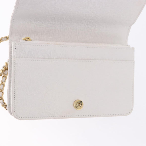 CHANEL Matelasse Chain Shoulder Bag Caviar Skin White Gold Tone CC Auth 195323A