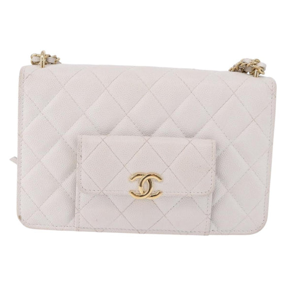 CHANEL Matelasse Chain Shoulder Bag Caviar Skin White Gold Tone CC Auth 195323A