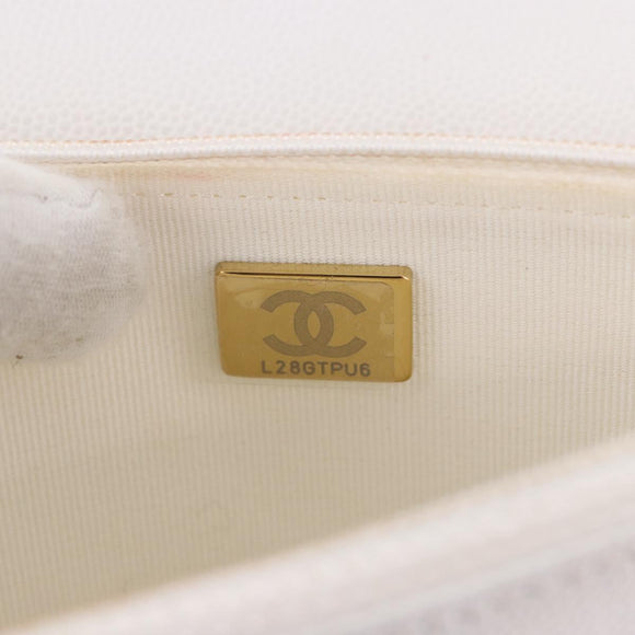 CHANEL Matelasse Chain Shoulder Bag Caviar Skin White Gold Tone CC Auth 195323A
