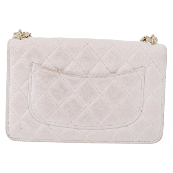 CHANEL Matelasse Chain Shoulder Bag Caviar Skin White Gold Tone CC Auth 195323A