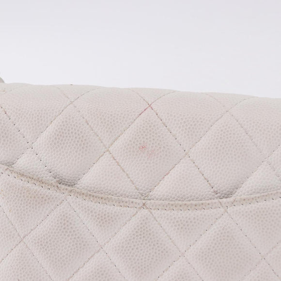 CHANEL Matelasse Chain Shoulder Bag Caviar Skin White Gold Tone CC Auth 195323A