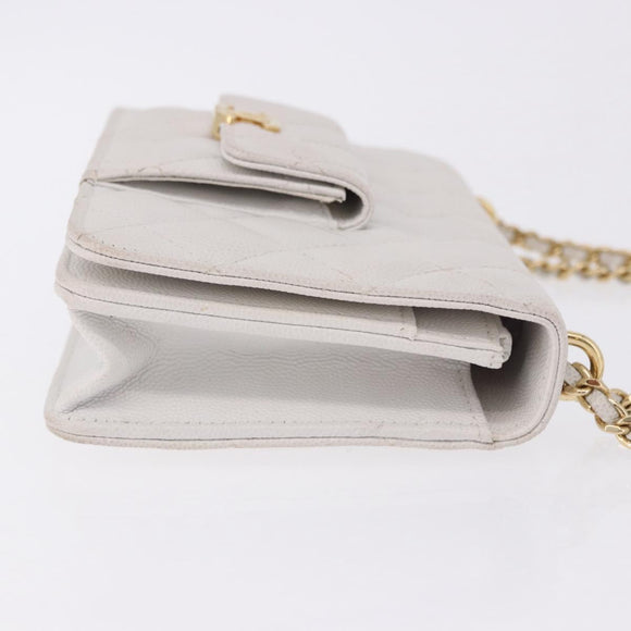 CHANEL Matelasse Chain Shoulder Bag Caviar Skin White Gold Tone CC Auth 195323A