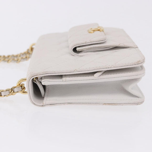 CHANEL Matelasse Chain Shoulder Bag Caviar Skin White Gold Tone CC Auth 195323A