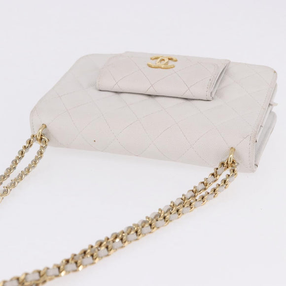 CHANEL Matelasse Chain Shoulder Bag Caviar Skin White Gold Tone CC Auth 195323A