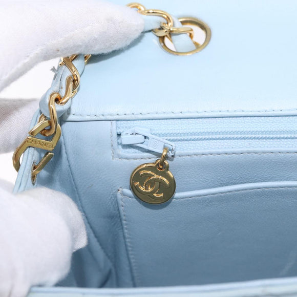 CHANEL Matelasse Chain Shoulder Bag Lamb Skin Light Blue Gold CC Auth 195324V