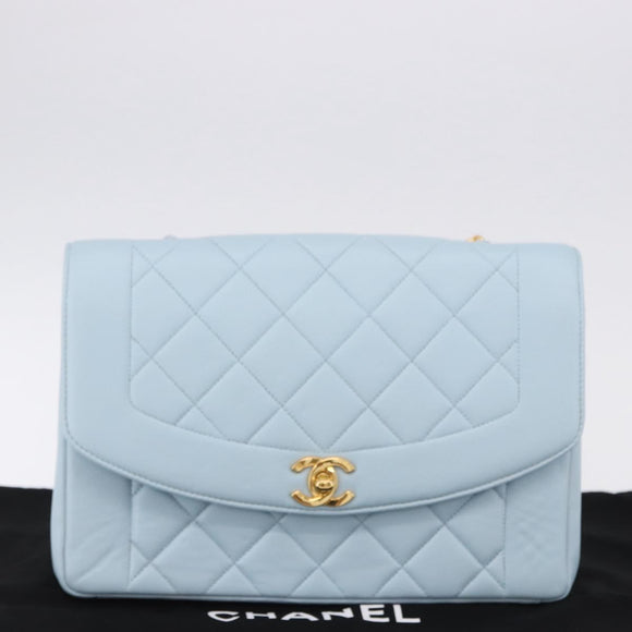 CHANEL Matelasse Chain Shoulder Bag Lamb Skin Light Blue Gold CC Auth 195324V