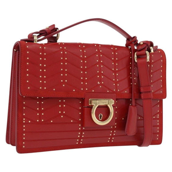 Salvatore Ferragamo Gancini Hand Bag Leather 2way Red Gold Tone Auth 195327A