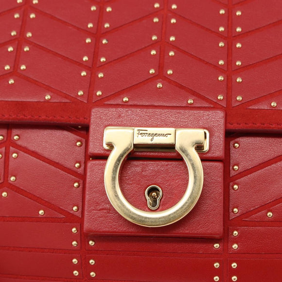 Salvatore Ferragamo Gancini Hand Bag Leather 2way Red Gold Tone Auth 195327A
