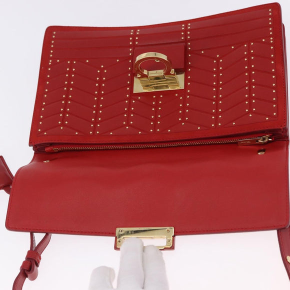 Salvatore Ferragamo Gancini Hand Bag Leather 2way Red Gold Tone Auth 195327A
