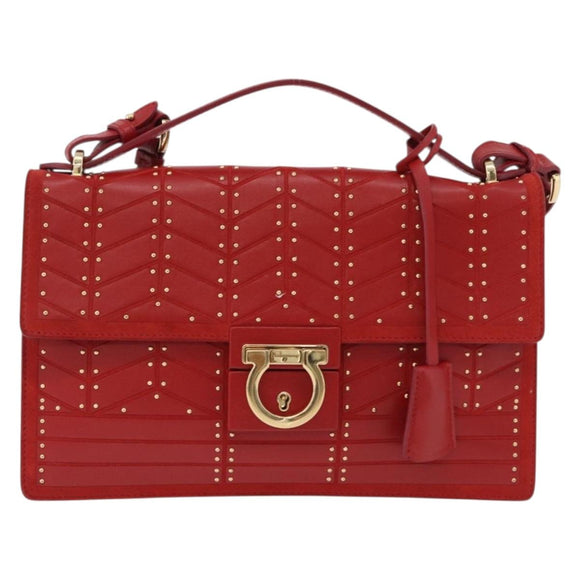 Salvatore Ferragamo Gancini Hand Bag Leather 2way Red Gold Tone Auth 195327A