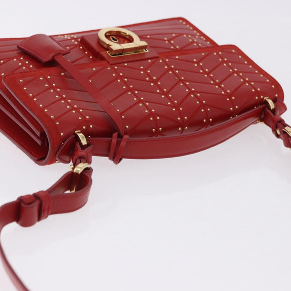 Salvatore Ferragamo Gancini Hand Bag Leather 2way Red Gold Tone Auth 195327A