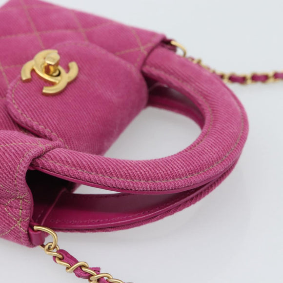 CHANEL Matelasse Chain Shoulder Pouch Canvas 2way Pink Gold CC Auth 195334V