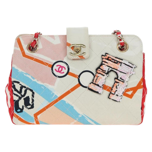CHANEL Matelasse Chain Shoulder Bag Canvas Multicolor Gold CC Auth 195337SM
