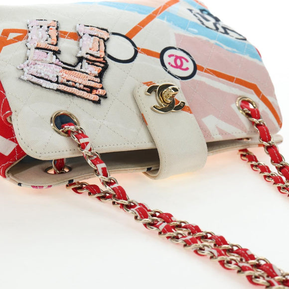 CHANEL Matelasse Chain Shoulder Bag Canvas Multicolor Gold CC Auth 195337SM