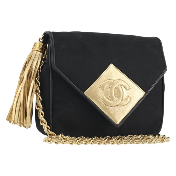 CHANEL Matelasse Chain Shoulder Bag Satin Black Gold CC Auth 195338A
