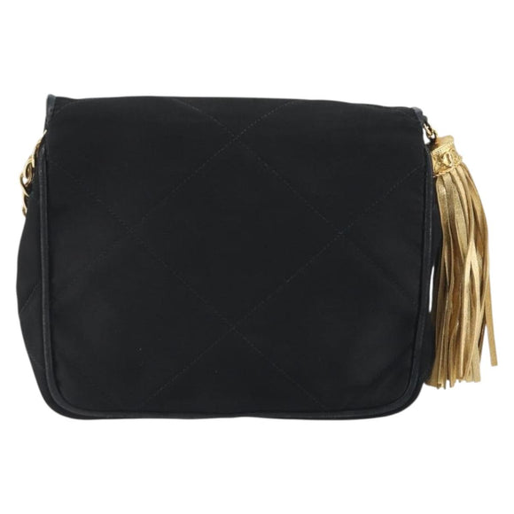 CHANEL Matelasse Chain Shoulder Bag Satin Black Gold CC Auth 195338A