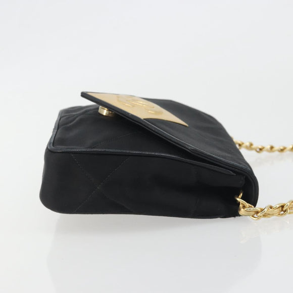 CHANEL Matelasse Chain Shoulder Bag Satin Black Gold CC Auth 195338A