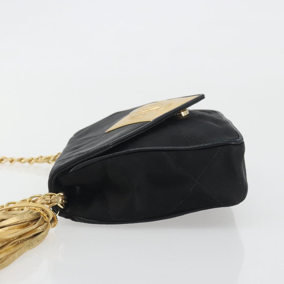 CHANEL Matelasse Chain Shoulder Bag Satin Black Gold CC Auth 195338A