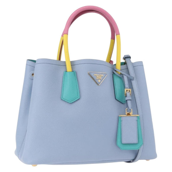 PRADA Hand Bag Saffiano 2way Light Blue Gold Tone Auth 195344M