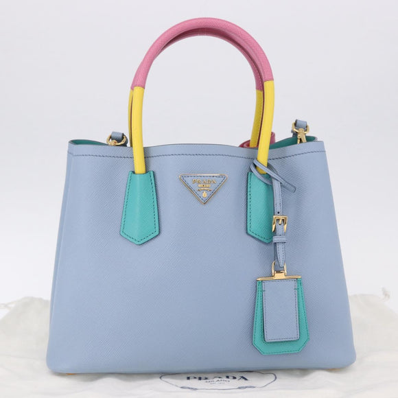 PRADA Hand Bag Saffiano 2way Light Blue Gold Tone Auth 195344M