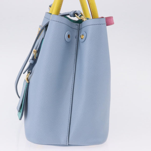 PRADA Hand Bag Saffiano 2way Light Blue Gold Tone Auth 195344M