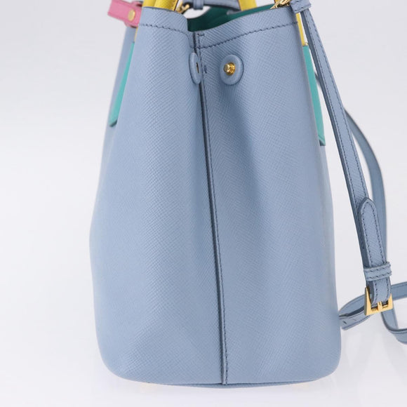 PRADA Hand Bag Saffiano 2way Light Blue Gold Tone Auth 195344M