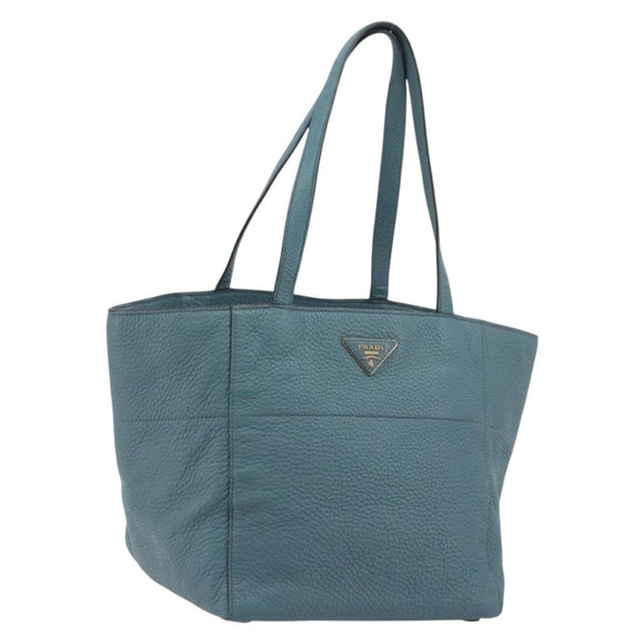 PRADA Tote Bag Leather Light Blue Gold Tone Auth 195376V