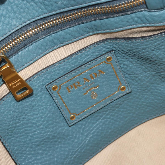PRADA Tote Bag Leather Light Blue Gold Tone Auth 195376V