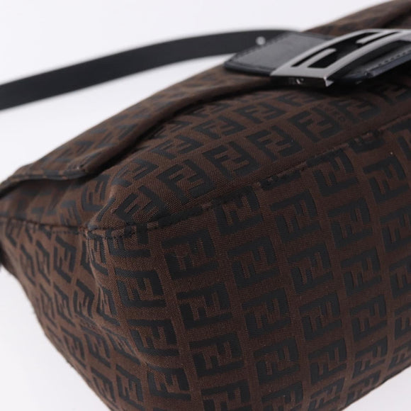FENDI Zucchino Canvas Mamma Baguette Shoulder Bag Brown Silver Auth 195389V