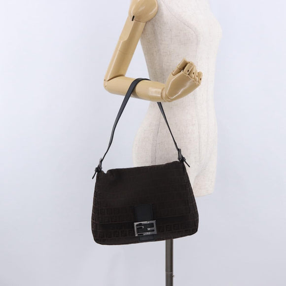 FENDI Zucchino Canvas Mamma Baguette Shoulder Bag Brown Silver Auth 195389V