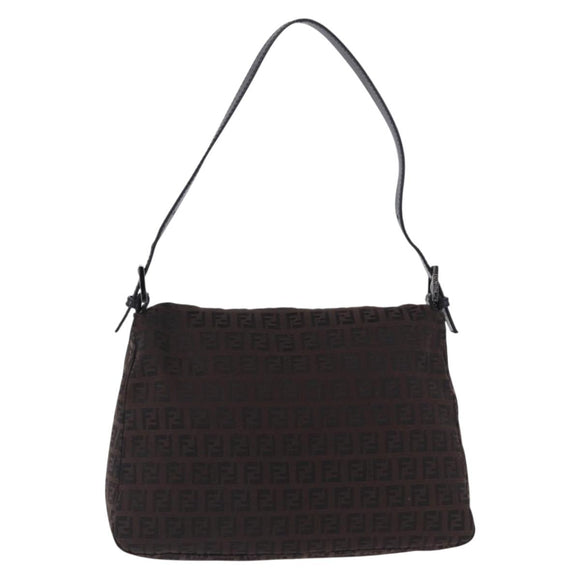 FENDI Zucchino Canvas Mamma Baguette Shoulder Bag Brown Silver Auth 195389V
