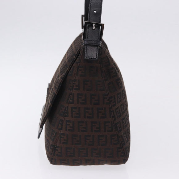 FENDI Zucchino Canvas Mamma Baguette Shoulder Bag Brown Silver Auth 195389V